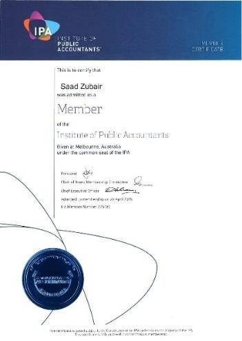 Institute of Public Accountants membership certificate